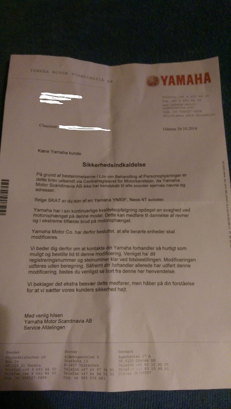 Yamaha Neos 4T YN50F sikkerhedsindkaldelse